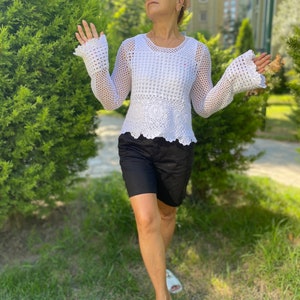 Crochet Linen blouse , down shirt,white crochet blouse,handmade linen shirt, Crochet lace top, Victorian crochet blouse, 1990&#39;s crochet
