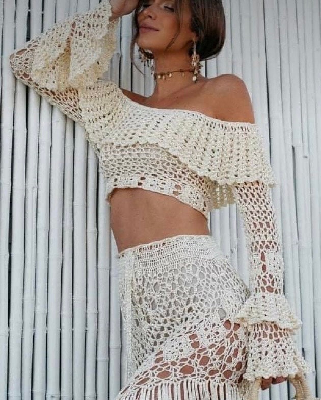 Ripped Long Sleeve Crochet Crop Top main image 1