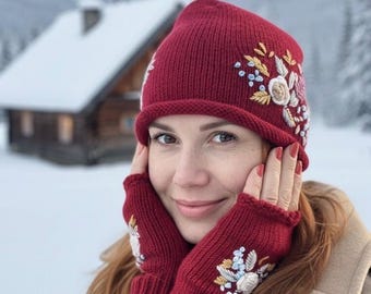 Hand-Embroidered Knit Beanie and Fingerless Gloves Set: Handmade Xmas gifts
