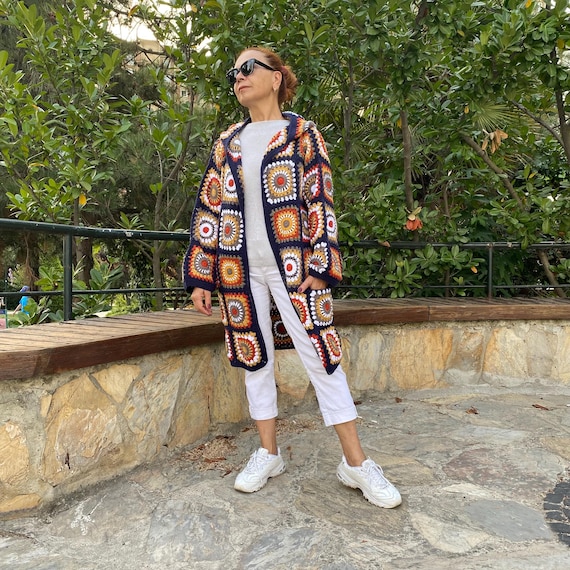 Crochet Granny Square Hooded With Pockets Cardigan: Patchwork