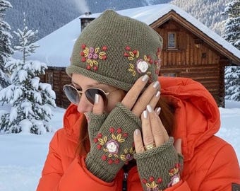 Hand-Embroidered Knit Beanie and Fingerless Gloves Set