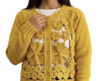 Crochet Knitt Elegan 3 D Floral Jacket: Flowers motifs knitted Solid Color cardigan