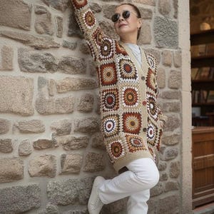 Casaco de crochê Grandma Square: Casaco afegão patchwork com bolsos