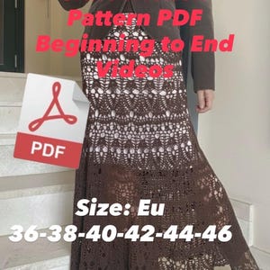 May include: A brown crochet mermaid skirt with a detailed openwork design. The image includes text that reads "Crochet Mermaid Skirt Written Pattern PDF Beginning to End Videos" and size options.