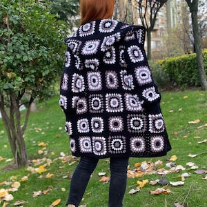 Granny Square Crochet Hooded Plus Size Cardigan: Hooded Cotton Black  Jacket with Pockets
