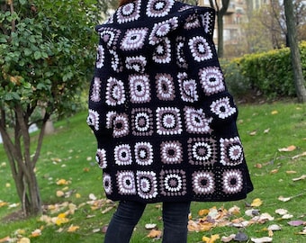 Granny Square Crochet Hooded Plus Size Cardigan: Hooded Cotton Black  Jacket with Pockets