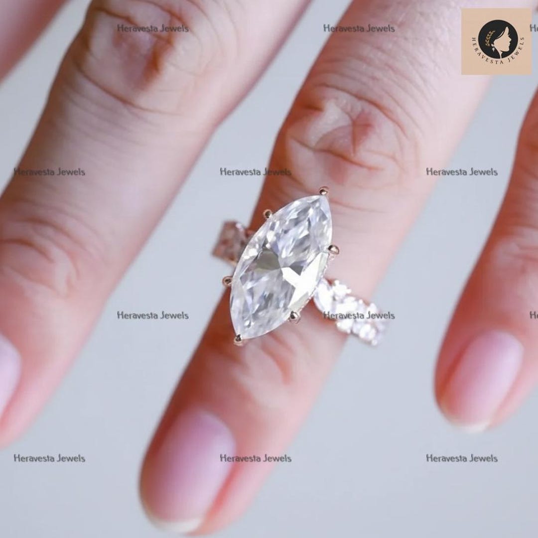 4CT Marquise Lab Grown Diamond Engagement Ring, 14K Solid Gold Wedding ...