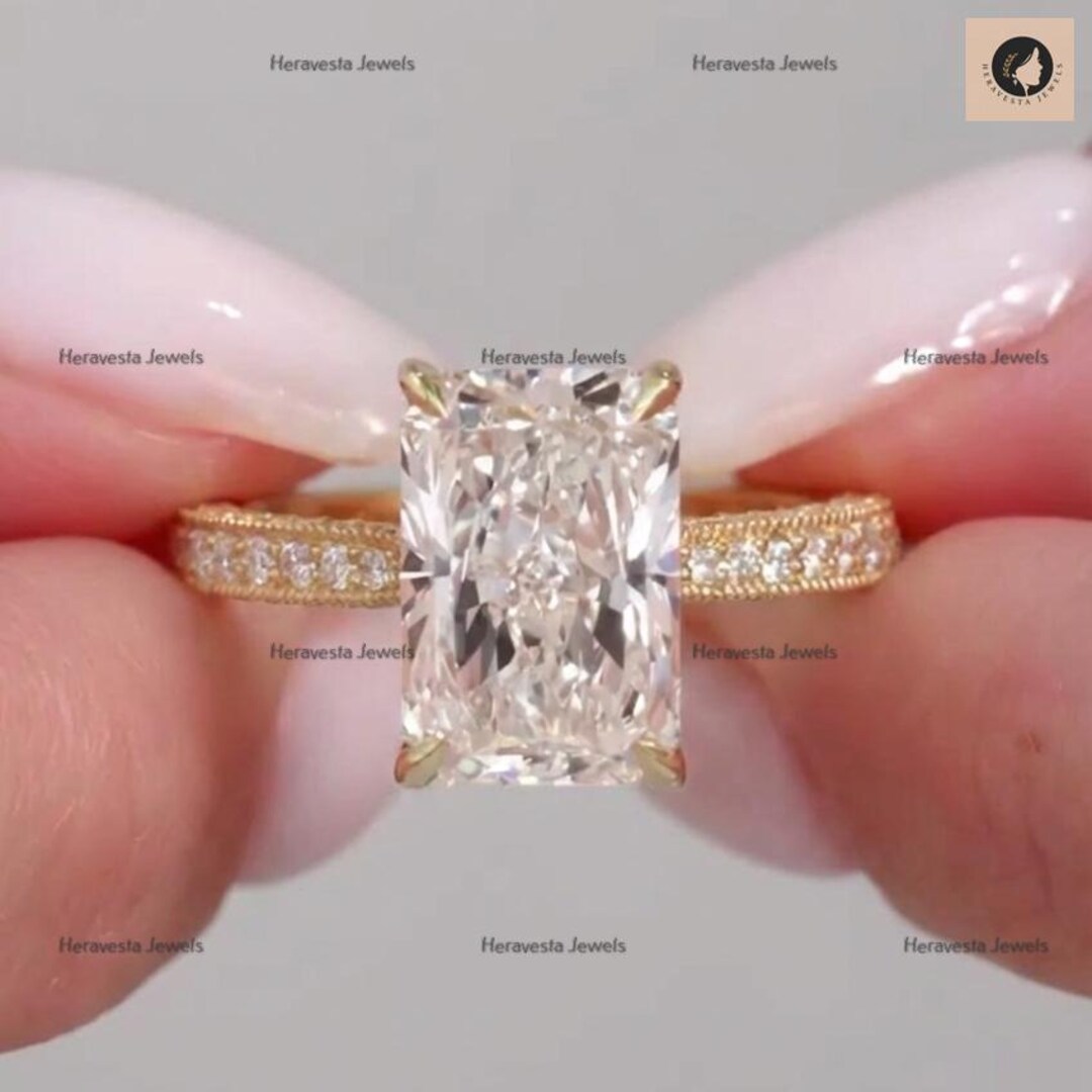 3CT Radiant Cut Lab Grown Diamond Engagement Ring Set, 14K Yellow Gold ...