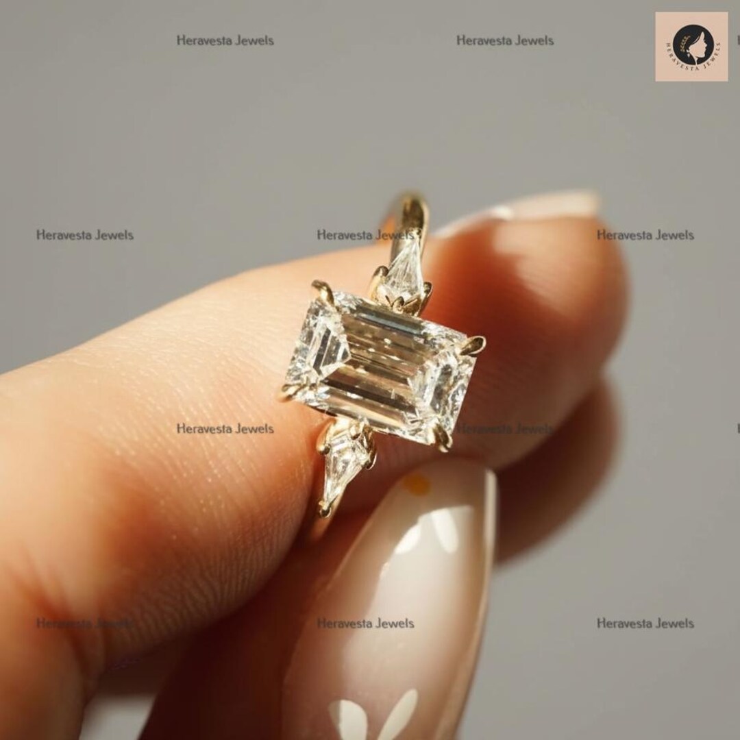 3CT Emerald Cut Lab Grown Diamond Engagement Ring Set, 14k Yellow Gold ...