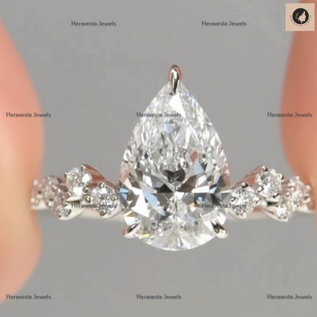 Pear Cut Lab Grown Diamond Engagement Ring, 14K White Gold Ring ...