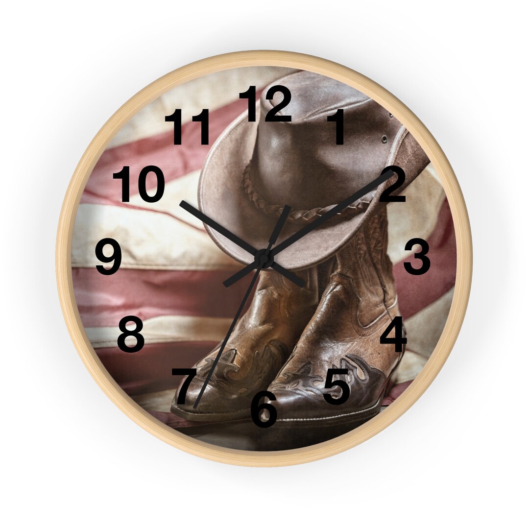 Cowboy Boot Clock Wall Clock, American Flag, Cowboy Boots, Cowboy Hat, Western, USA ...