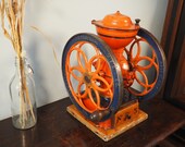 Antique Coffee Grinder 39 ENTERPRISE 39 No. 5 Cast Iron Rare 17 Tall Original Red Paint and Decals on Wood Base Double Wheel Hand Crank Mill