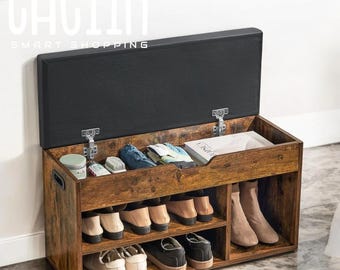 Rustic Brown Shoe Storage Bench with Cushion – 3 Compartments & Hidden Storage