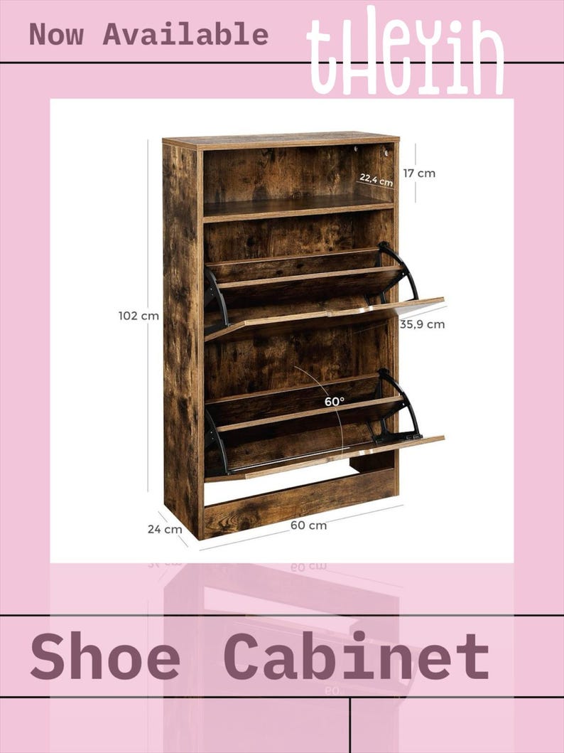 K&ouml;nnte beinhalten: Ein braunes Schuhregal aus Holz mit drei Regalbrettern und einer Klappt&uuml;r. Das Regal ist 60 cm breit, 102 cm hoch und 17 cm tief. Das Regal hat eine rustikale Oberfl&auml;che und ist mit "Schuhschrank" beschriftet.