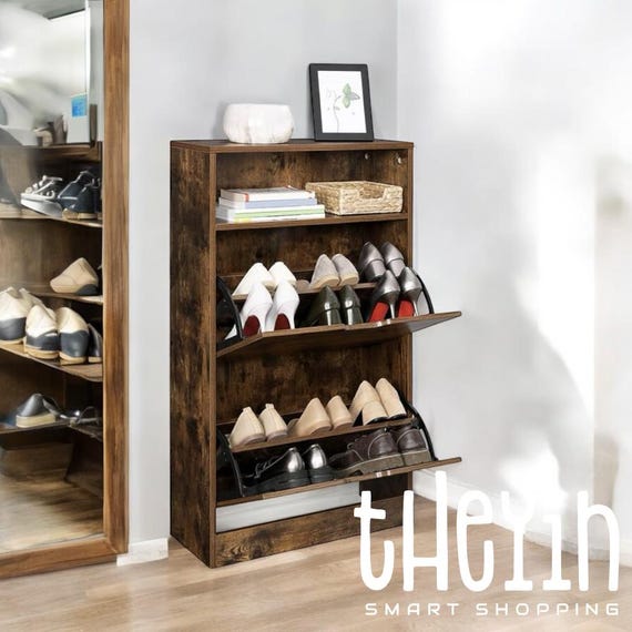 Rustic Shoe Cabinet, Dark Brown Shoe Rack, Industrial Shoe Cabinet 2 Flaps, Hallway Shoe Rack, Hallway Shoe Storage Furniture Open Shelf