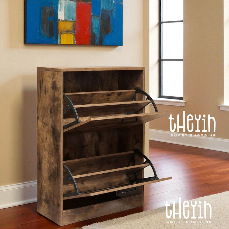 Rustic Shoe Cabinet, Dark Brown Shoe Rack, Industrial Shoe Cabinet 2 Flaps, Hallway Shoe Rack, Hallway Shoe Storage Furniture Open Shelf Bild 8