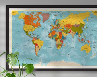 Actual World Map Ready to Hang Framed Canvas Wall Print, Large Size World Map Poster, Push Pin Traveler Map of the World Wall Art Painting