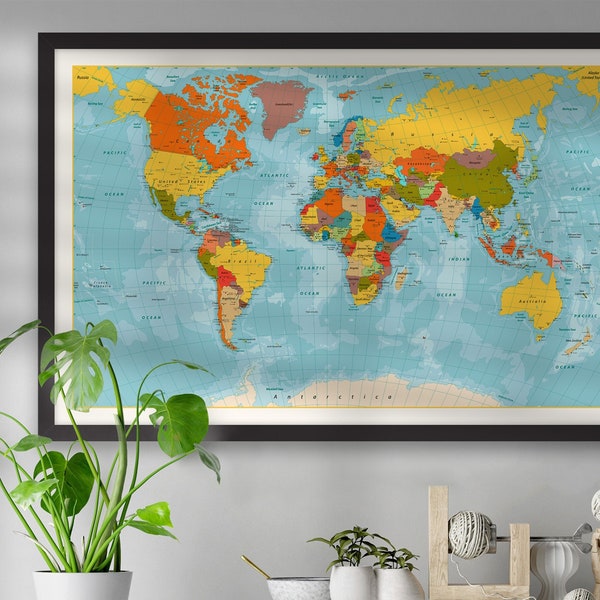 Actual World Map Ready to Hang Framed Canvas Wall Print, Large Size World Map Poster, Push Pin Traveler Map of the World Wall Art Painting