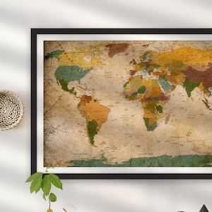 Vintage Weltkarte Druck, gerahmte Karte Wandbild, große Karte der Welt Wandmalerei, moderne Weltkarte Druck, Weltkarte Druck