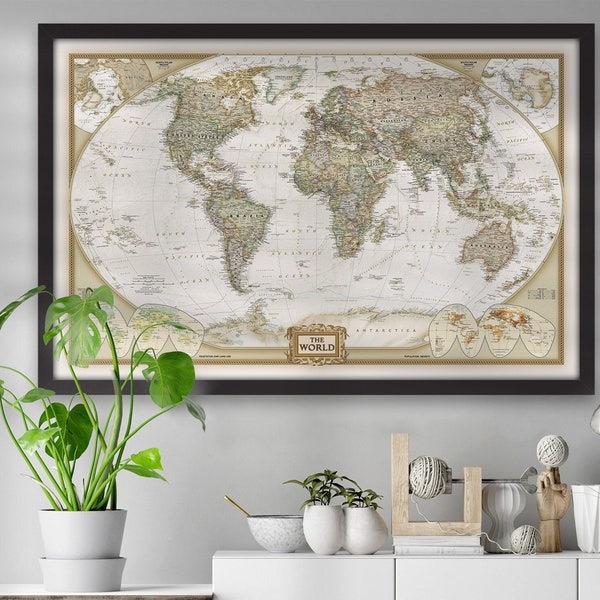Vintage Educational "The World" Map Wall Art, Framed Modern Old World Map Canvas Wall Print, Push Pin Traveler Living Room World Map Poster