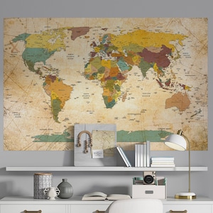 Vintage wereldkaart Peel en Stick verwijderbare muursticker, retro continenten, landen en hoofdsteden kaart van de wereld zelfklevende muursticker