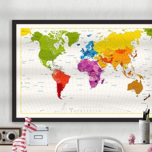 Stampa da parete con mappa del mondo educativa con puntine colorate per scuola, università, moderna tela incorniciata, mappa dei continenti, delle città e dei paesi.
