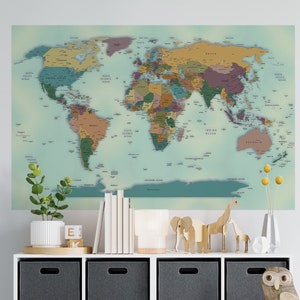 Pelar y pegar calcomanía de pared del mapa del mundo real, pegatina de pared del mapa del mundo de la guardería educativa, mapa del mundo del viajero con pasador de empuje extraíble autoadhesivo