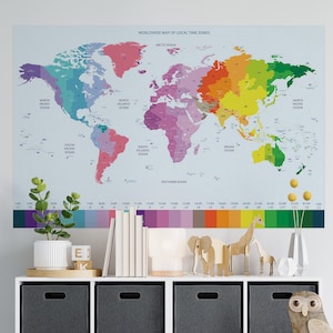 Adhesivo de pared de mapa mundial con zonas horarias locales mundiales, Adhesivo de pared autoadhesivo, Mural educativo extraíble con mapa del mundo