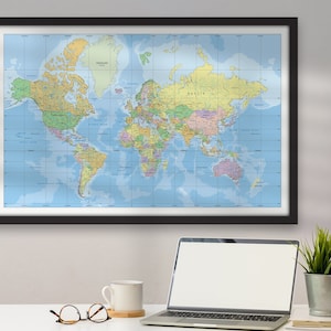 Grote canvas wereldkaart, onderwijs wereldkaart, ingelijste wereldkaart, wereldkaart voor school, wereldkaart voor kinderdagverblijf, handgemaakte wereldkaart, bestseller