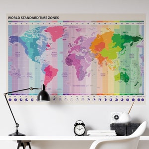 Welt Standart Zeitzonen Schälen und Aufkleben Wandaufkleber für Hotels, Bunte Weltkarte Wandtattoo, Selbstklebendes Weltkarten Wandbild
