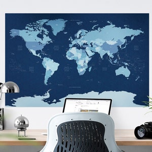 Blaue Weltkarte abziehen und aufkleben, selbstklebende, abnehmbare pädagogische Weltkarte Wandaufkleber mit blauen Tonnen, Karte der Welt Wandbild