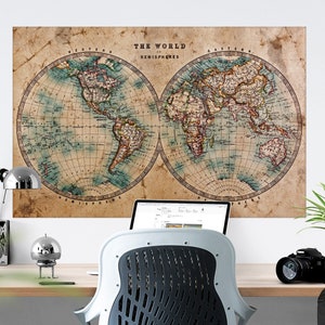 Welt in Hemisphären schälen und kleben Wandaufkleber, Retro Vintage Weltkarte Wandsticker, alte Karte der Welt abnehmbare selbstklebende Wandsticker