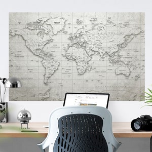 Adesivo da parete con mappa del mondo grigio, adesivo da parete con paesi e capitali educativi effettivi, adesivo da parete con mappa del mondo con puntina da disegno