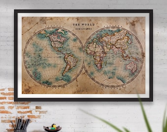 Stampa su tela con mappa del mondo incorniciata: arte murale moderna di metà secolo