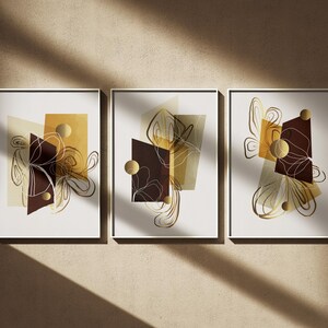 Abstract Line Art 3-piece Poster Print, Luxury Gold Abstract Botanical Set of 3 Prints, Wall Art Design With Gold Floraland Leaves