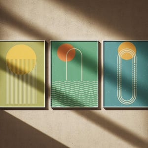 Juego de 3 impresiones de arte retro, impresión de arte hipster moderno, juego de 3 impresiones de sol, mar y arcoíris, juego de 3 carteles de diseño geométrico minimalista de los años 20