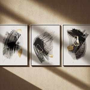 Minimalist Hand Painted 3-piece Poster Print, Luxury Gold Abstract Set of 3 Prints, With Watercolor Stain Texture Wall Art Design,