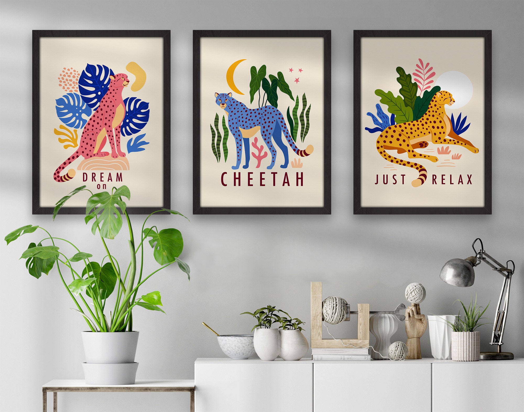 Matisse Cheetah Wall Painting Set of 3 Modern Boho Wall Art