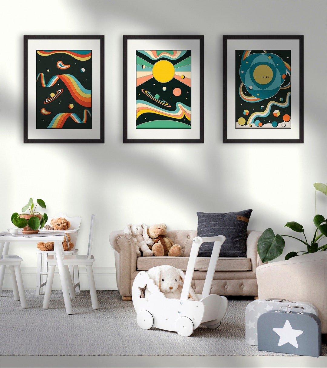 Abstract Space Themed Set of 3 Kids Room Wall Art, Galaxy, Planets, Sun ...