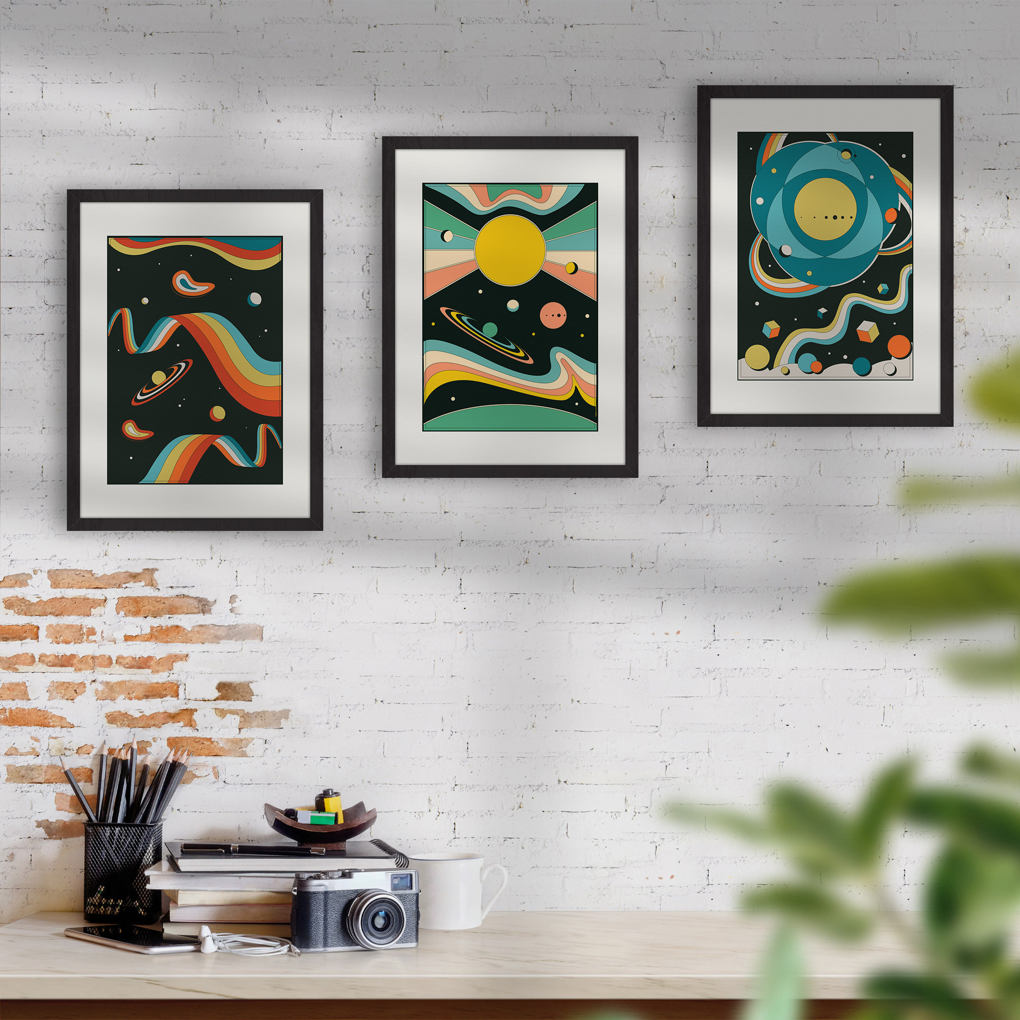 Abstract Space Themed Set of 3 Kids Room Wall Art, Galaxy, Planets, Sun ...
