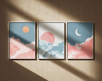 Mid-Century Mountain and Moon Art Prints: Scandinavian Minimalist Set