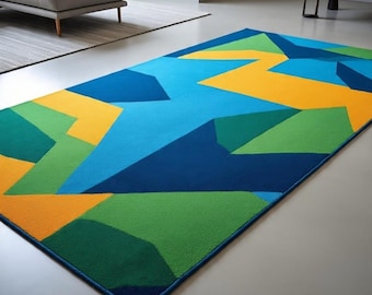 Modern Geometric Area Rug, Abstract Blue Green Color Block Living Room Carpet, Contemporary Floor Rug, Scandinavian Home Decor