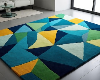 Modern Geometric Area Rug, Abstract Blue Green Contemporary Living Room Carpet, Color Block Floor Rug, Mid Century Home Decor