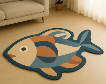 Fish Shaped Area Rug, Ocean Animal Coastal Kids Room Carpet, Nautical Nursery Rug, Beach House Floor Mat, Marine Home Decor