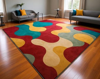 Colorful Abstract Area Rug, Modern Tufted Handmade Geometric Carpet, Mid Century Living Room Decor, Funky Floor Rug