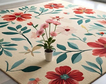 Modern Floral Area Rug, Botanical Flower Rug, Large Living Room Carpet, Beige Farmhouse Decor, Bedroom Floor Mat