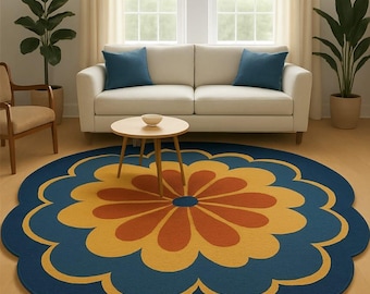 Floral Tufted Rug, Flower Shape Area Handmade Retro Carpet, Blue Yellow Daisy  Boho Living Decor, Kids Room Rug