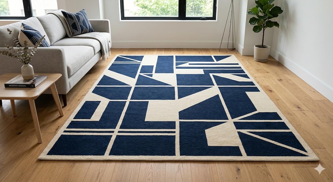 Modern Geometric Rug - Navy Blue and Cream Abstract Area Minimalist Mid ...