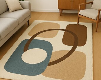 Modern Abstract Area Rug, Geometric Living Room Rug, Neutral Beige Blue Carpet, Mid Century  Minimalist Bedroom Decor