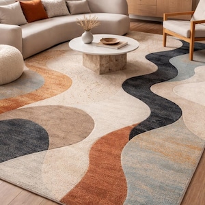Modern Minimalist Living Room with Abstract Geometric Rug Curved Sofa Neutral Tones, and Warm Wooden Accents for a Cozy Interior DesignStyle